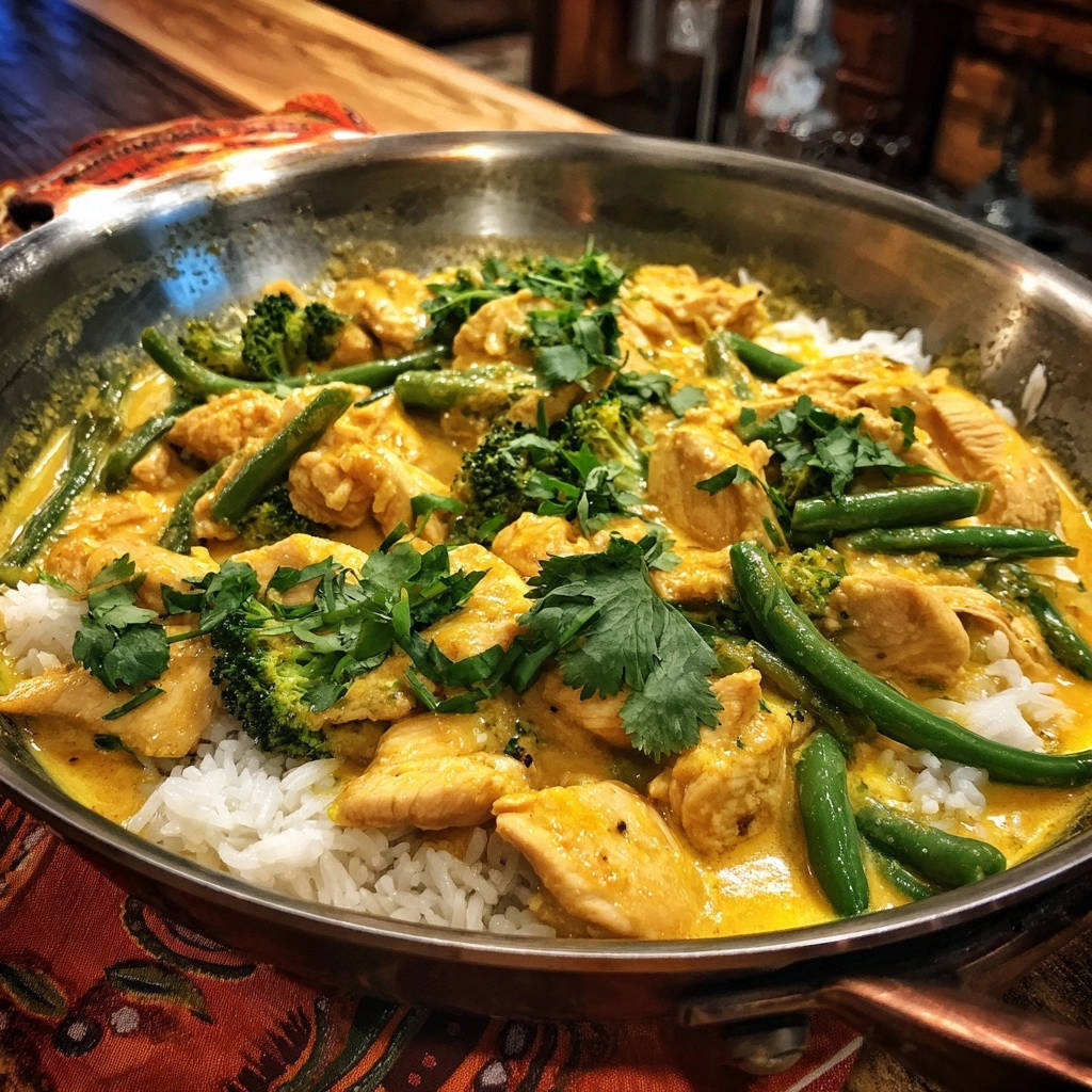 Cremiges Huhn Curry Mit Reis Und Gemuese Draufsicht 1 Cremiges Hähnchen-Curry mit Reis und Gemüse, von oben fotografiert, mit saftigem Hähnchen, Brokkoli, grünen Bohnen und frischem Koriander serviert.