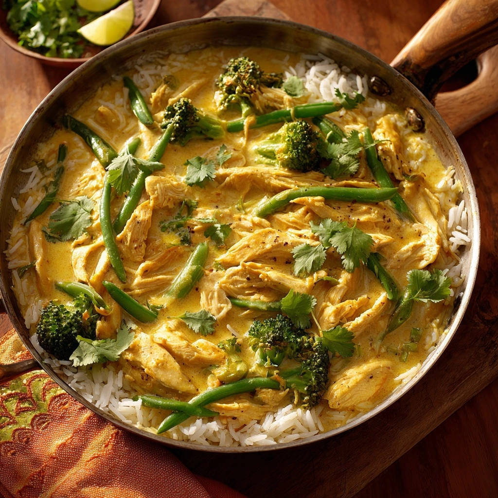 Cremiges Hähnchen-Curry mit Reis und Gemüse, aus der Vogelperspektive, serviert in einer Pfanne mit frischem Gemüse und Kräutern.