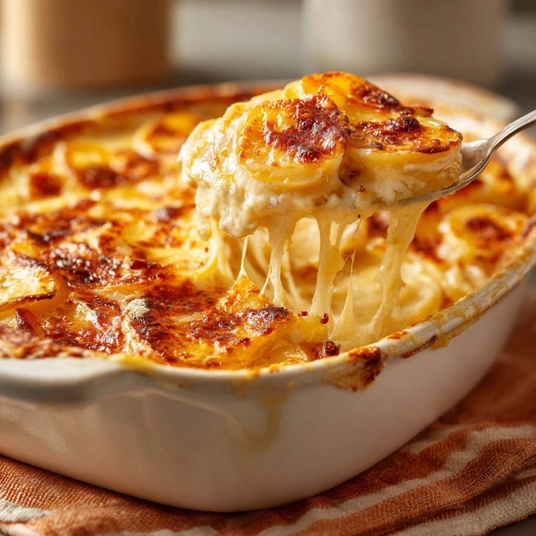Cremiges Kartoffelgratin Deluxe mit geschmolzenem Käse, der sich beim Abheben vom Löffel in langen Fäden zieht. Ein herzhaftes Gericht, perfekt für jeden Anlass.