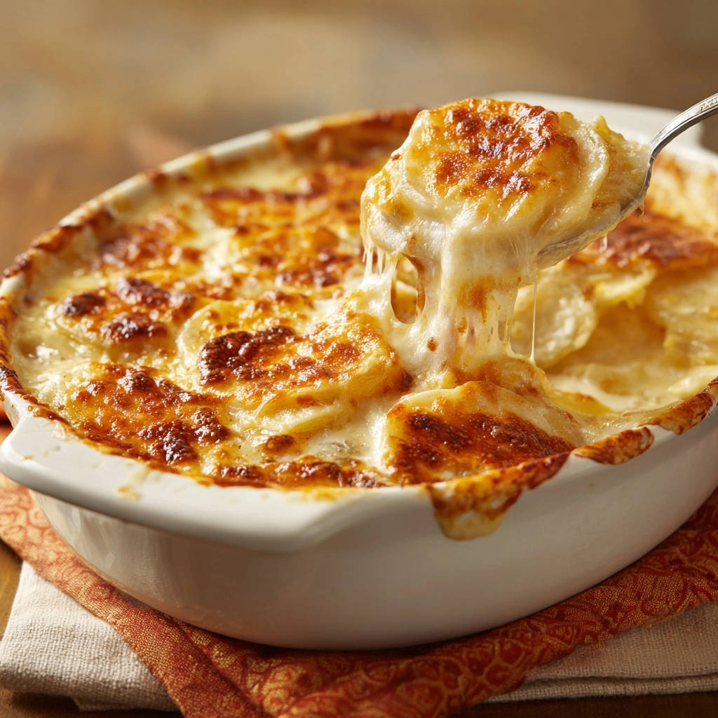 Cremiges Kartoffelgratin Deluxe Kaese Zieht Faden 1 Cremiges Kartoffelgratin Deluxe mit geschmolzenem Käse, der sich beim Abheben vom Löffel in langen Fäden zieht. Ein wahrer Genuss!