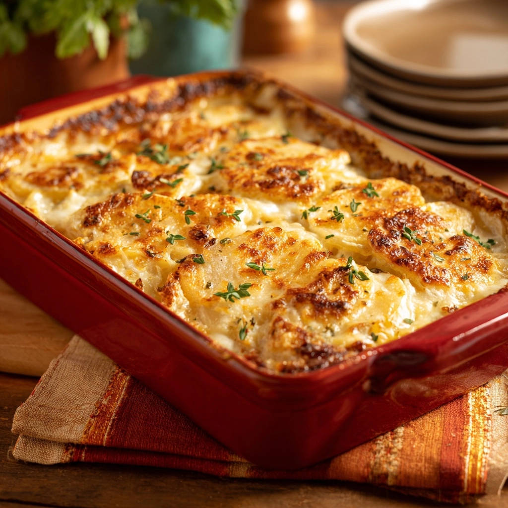 Cremiges Kartoffelgratin Nahaufnahme Knusprige Kruste 1 Cremiges Kartoffelgratin vom Feinsten, mit goldbrauner Kruste und frischen Kräutern garniert, in einer roten Auflaufform serviert.
