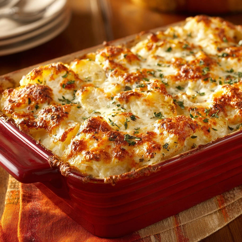 Cremiges Kartoffelgratin vom Feinsten mit einer Nahaufnahme, die die goldbraune, knusprige Oberfläche und die cremige Füllung zeigt.