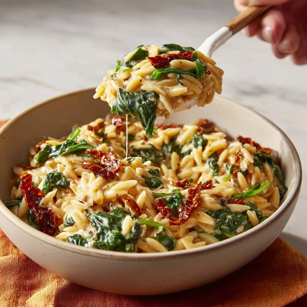 Cremiges Orzo mit Spinat und getrockneten Tomaten wird hier auf einem Löffel gezeigt, der die cremige Konsistenz und Zutaten hervorhebt.