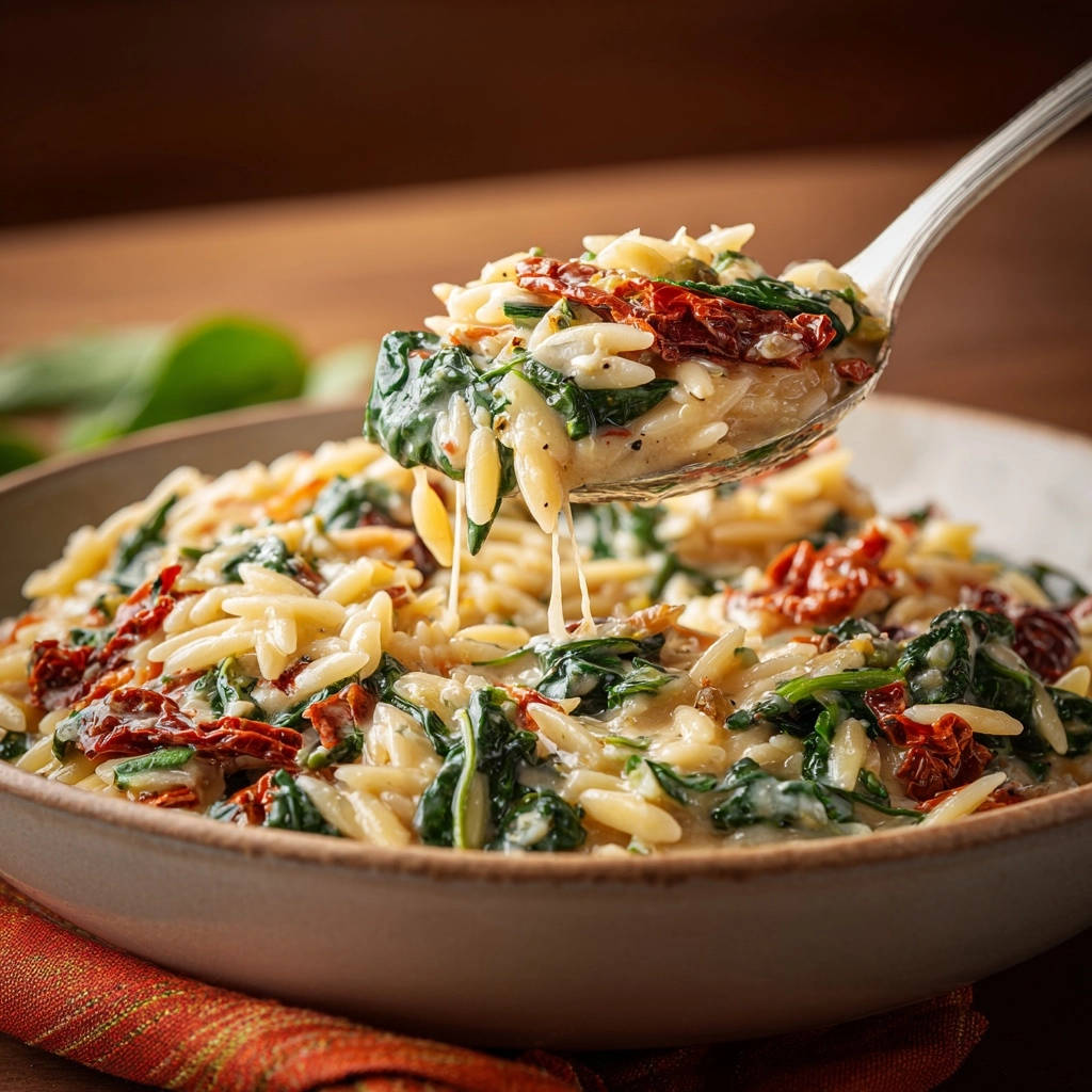 Cremiges Orzo mit Spinat und getrockneten Tomaten wird mit einem Löffel serviert, der das Gericht in Nahaufnahme zeigt.