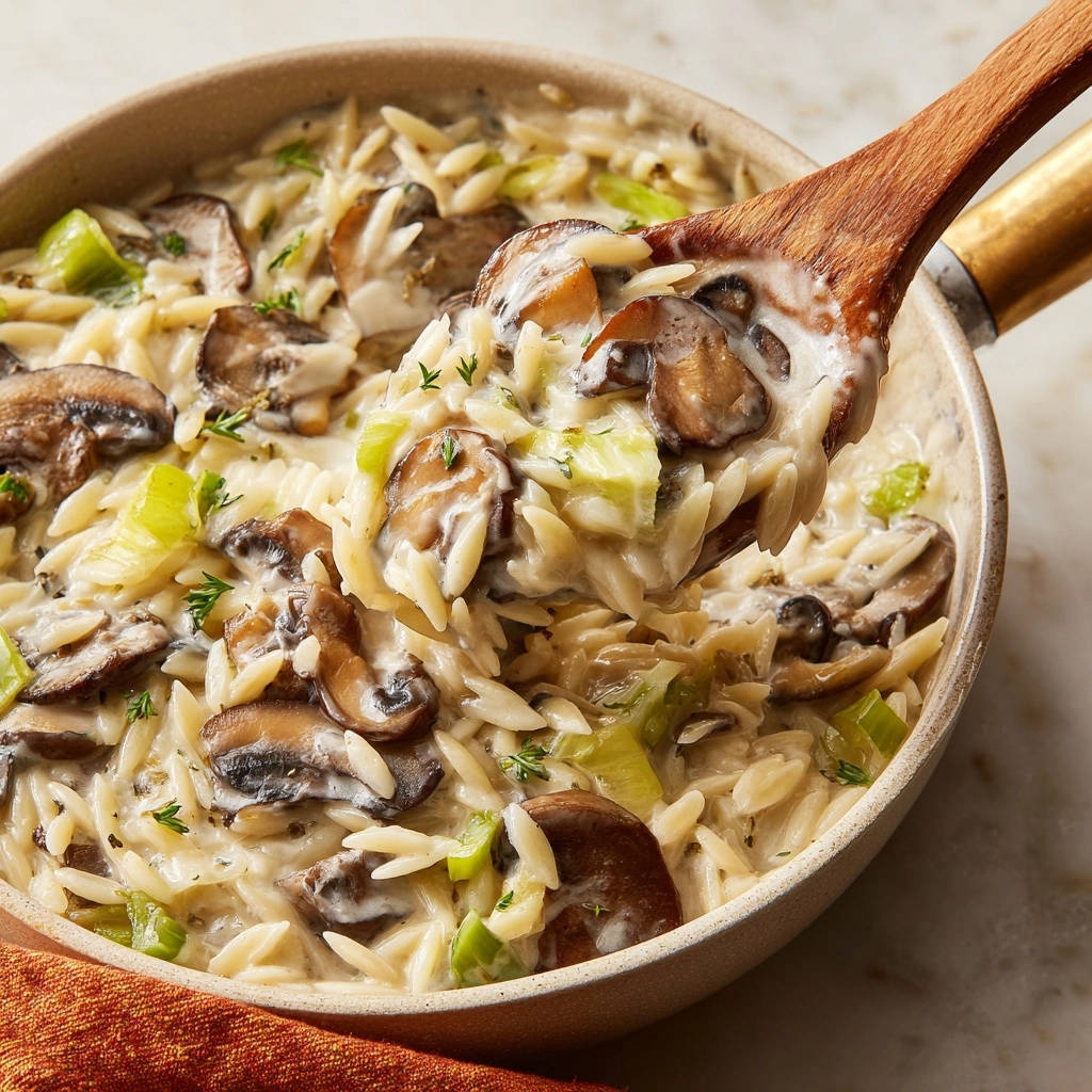 Cremiges Pilz-Lauch-Orzo in Nahaufnahme, serviert mit einem Holzlöffel, der die cremige Textur des Gerichts zeigt.