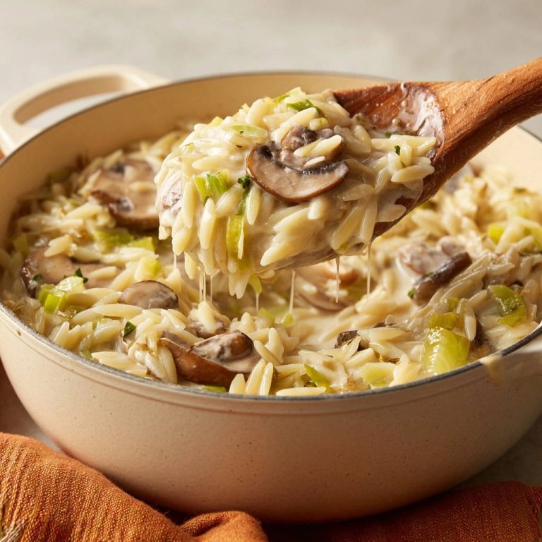 Cremiges Pilz-Lauch-Orzo in Nahaufnahme mit einem Holzlöffel, der die cremige Textur und die Zutaten zeigt.