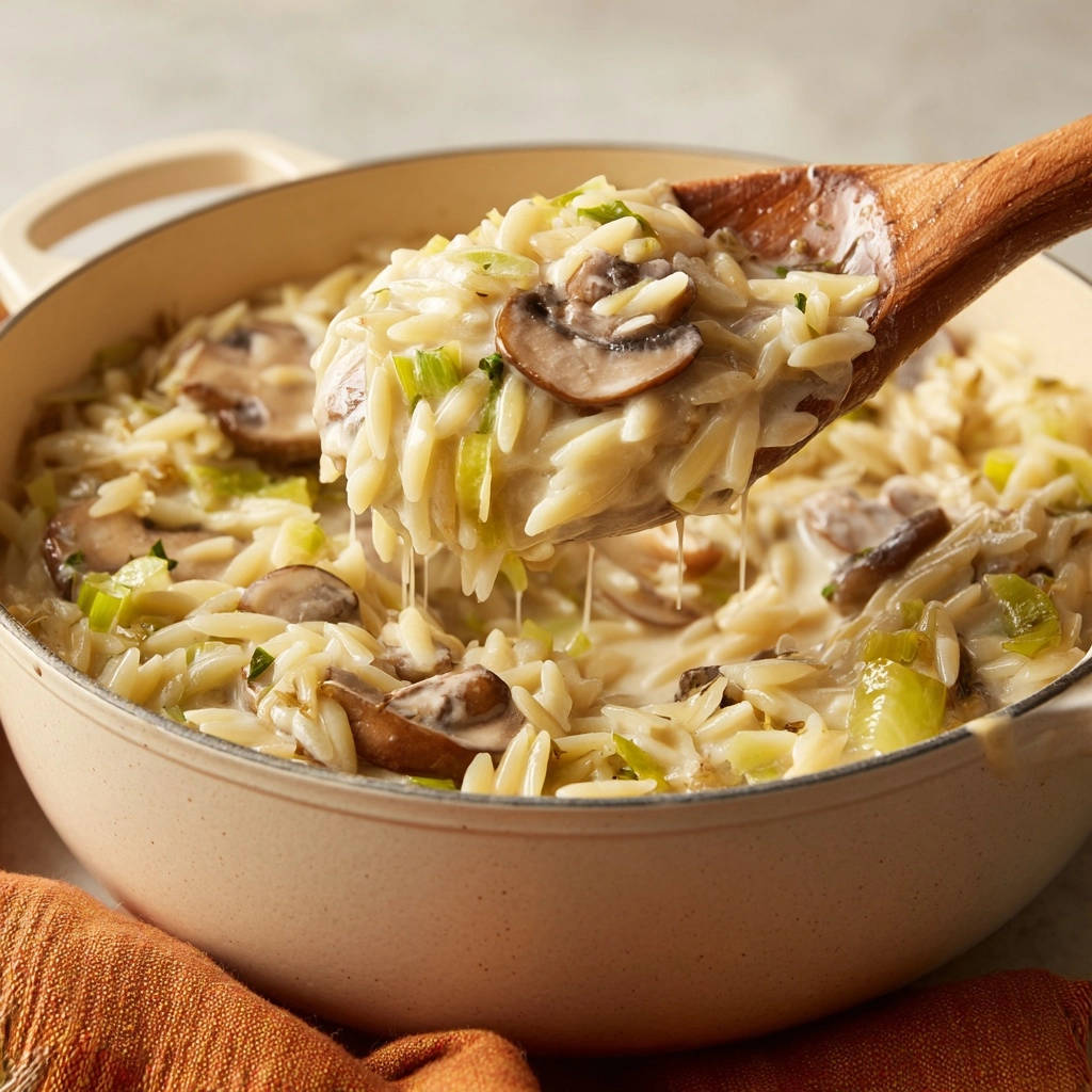 Cremiges Pilz-Lauch-Orzo in Nahaufnahme mit einem Holzlöffel, der die cremige Textur und die Zutaten zeigt.