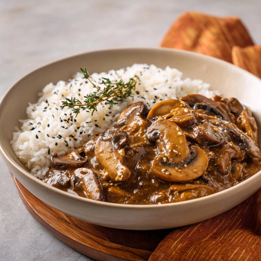 Cremiges Pilzragout Mit Reis Serviert 1 Cremiges Pilzragout mit Reis, serviert in einer Schüssel, mit dampfendem Basmatireis und einer köstlichen Pilzsoße garniert.