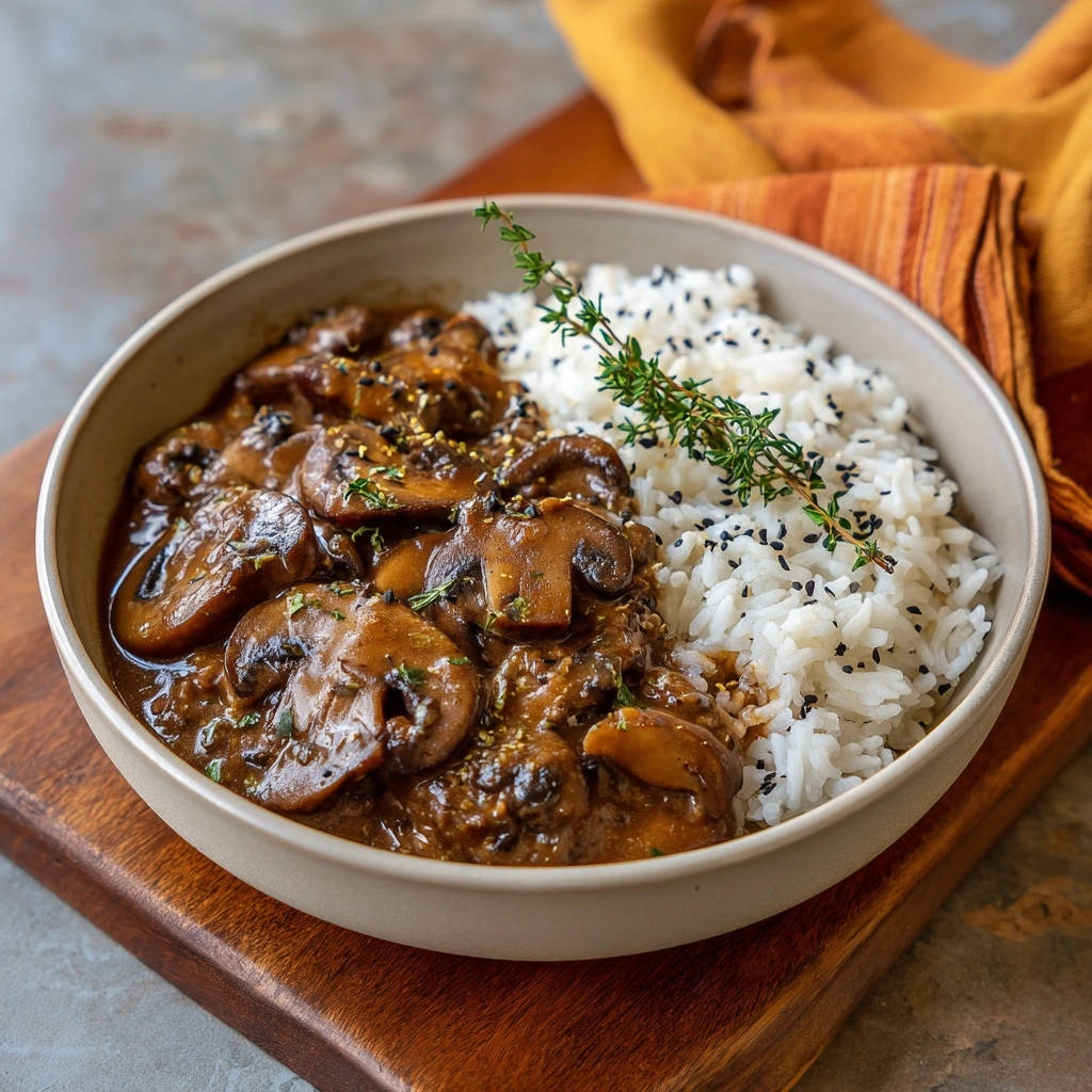 Cremiges Pilzragout mit Reis, serviert in einer Schüssel mit einer Seite Reis, garniert mit frischen Kräutern und Gewürzen.