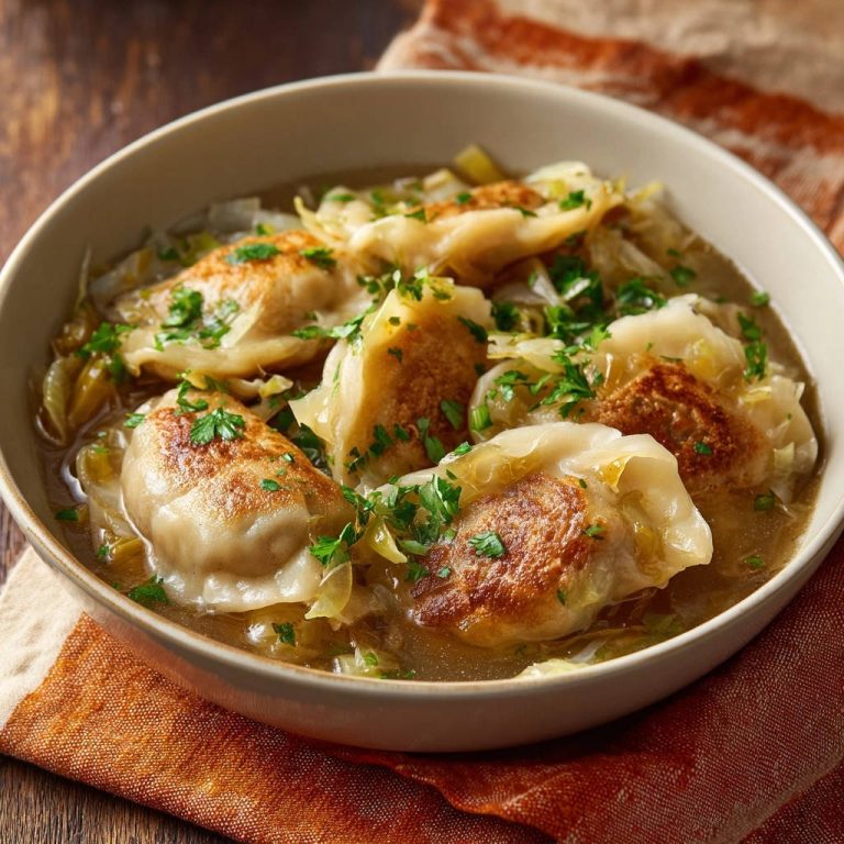 Deftige Teigtaschen in herzhafter Kohl-Brühe, serviert in einer Schüssel, mit goldbraunen Teigtaschen und frischen Kräutern garniert.