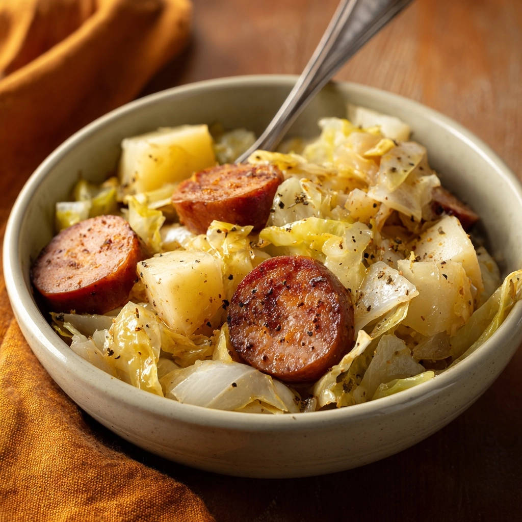 Deftiger Kraut Kartoffel Topf Mit Wurst Draufsicht 1 Deftiger Kraut-Kartoffel-Topf mit Wurst in einer Schüssel, serviert mit einer Gabel, von oben gesehen, mit Wurstscheiben und Kartoffelstücken.