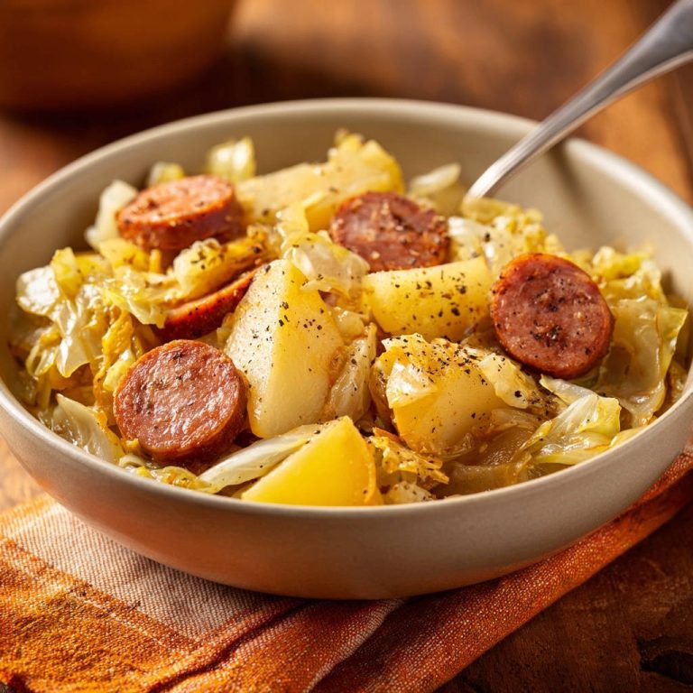 Deftiger Kraut-Kartoffel-Topf mit Wurst serviert in einer rustikalen Schüssel, mit Wurstscheiben und Kartoffeln garniert.