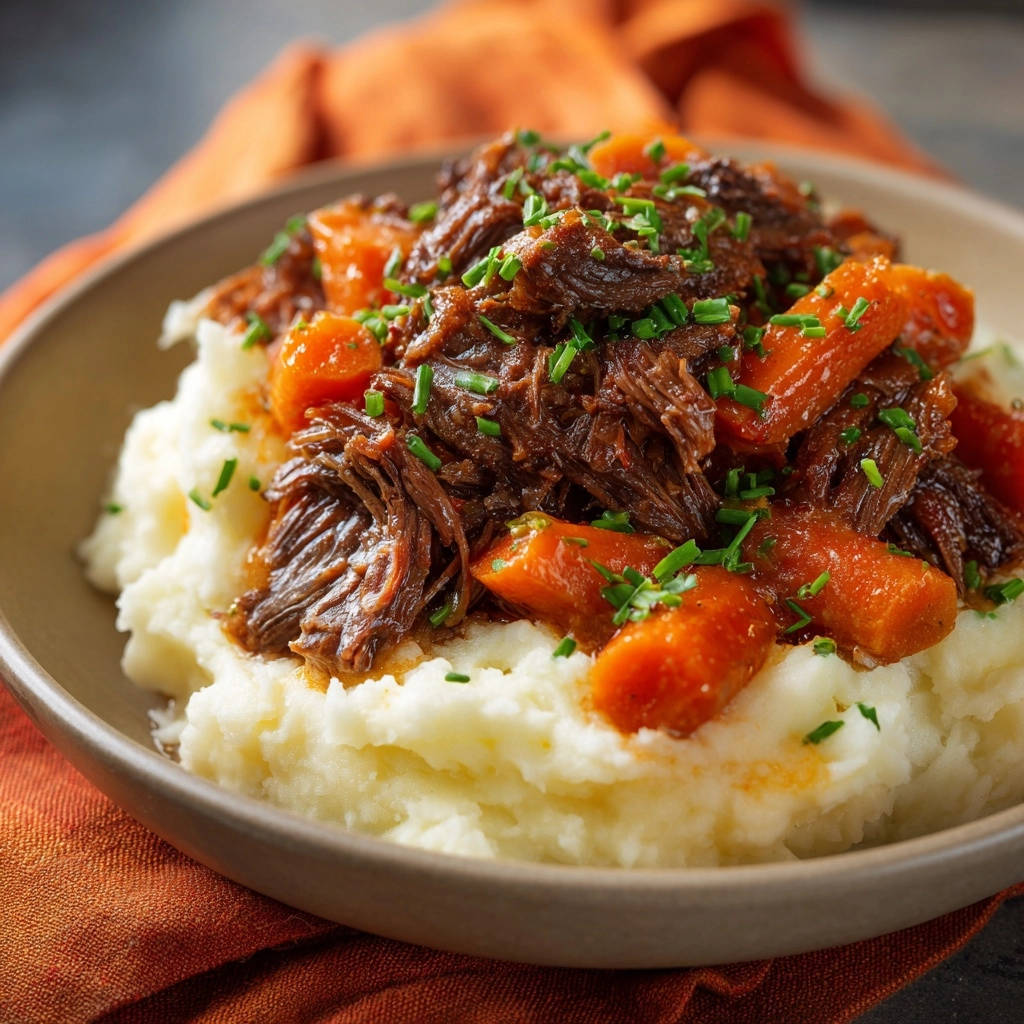Deftiger Schmorbraten Mit Kartoffelstampf Serviert 1 Deftiger Schmorbraten mit Kartoffelstampf serviert in einer Schüssel, mit zerzupftem Fleisch, Karotten und frischen Kräutern garniert.