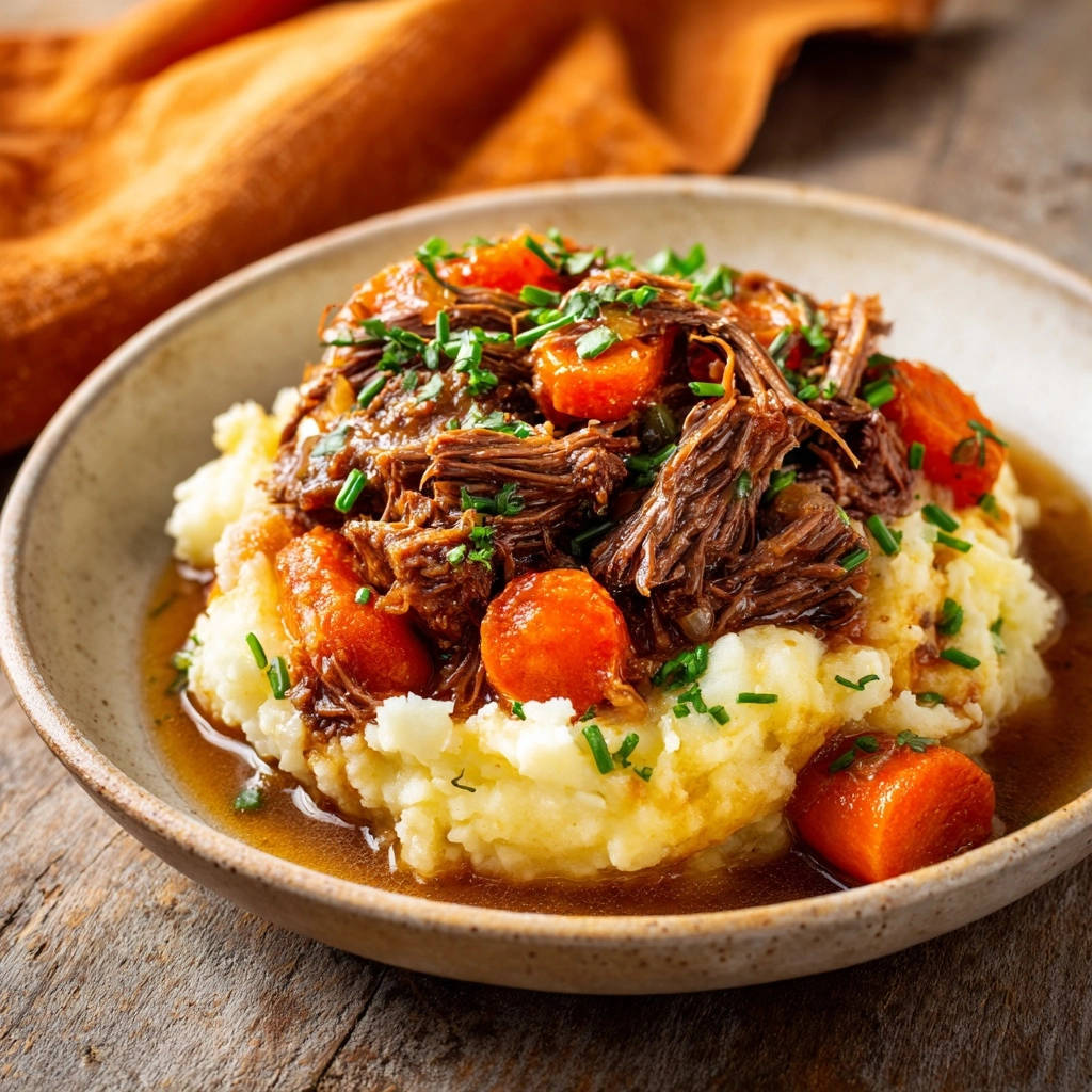 Deftiger Schmorbraten mit Kartoffelstampf serviert in einer Schüssel, mit zarten Fleischfasern und frischen Kräutern garniert.