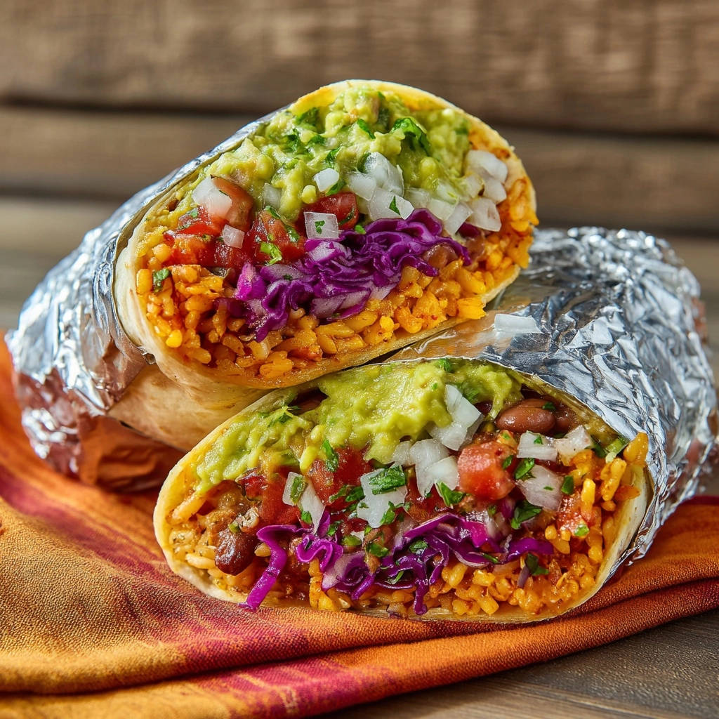 Der ultimative Veggie Burrito, hier in einem appetitlichen Querschnitt, zeigt die saftigen Zutaten und das köstliche Innenleben.