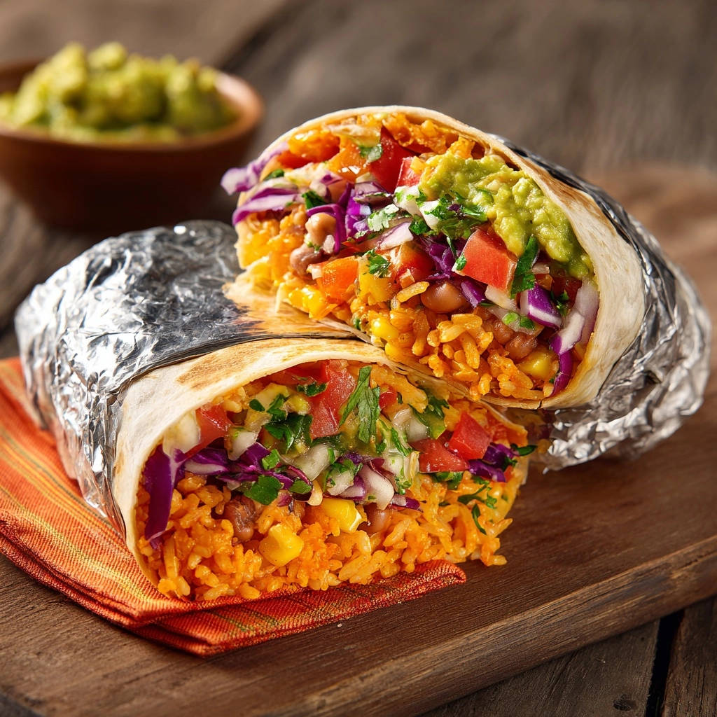 Der ultimative Veggie Burrito im Anschnitt zeigt die farbenfrohe Füllung aus Reis, Gemüse und Guacamole. Ein köstliches vegetarisches Gericht, das garantiert hält.