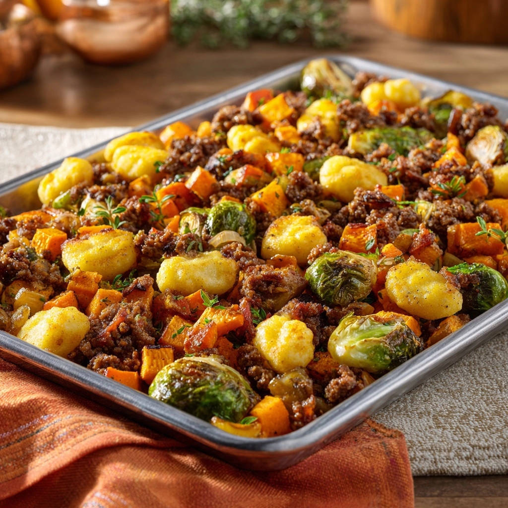 Feierabend Blechpfanne Mit Gnocchi Draufsicht 1 Feierabend-Blechpfanne mit Gnocchi, Hack & Herbstgemüse in einer Blechpfanne, serviert und von oben fotografiert. Das Gericht ist knusprig und perfekt zubereitet.