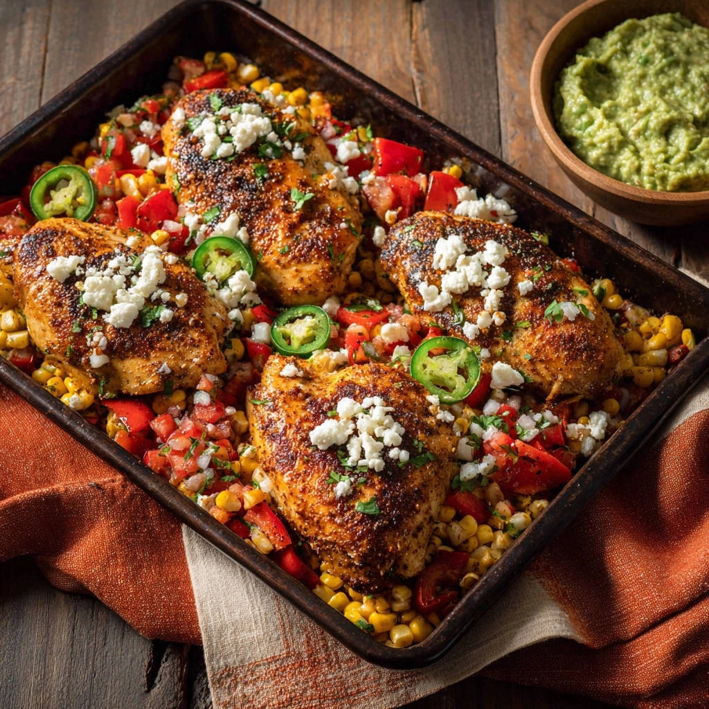 Fiesta Hähnchen vom Blech mit Jalapeños und Feta, auf einem Blech mit Mais und Tomaten angerichtet, mit Guacamole serviert.