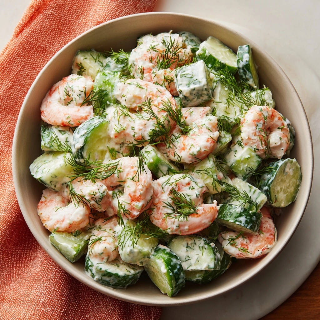 Frischer Garnelen Gurken Salat Draufsicht Serviert 1 Frischer Garnelen-Gurken-Salat in einer Schüssel serviert, mit frischem Dill garniert und von oben fotografiert. Die Garnelen und Gurken sind mit cremigem Dressing bedeckt.