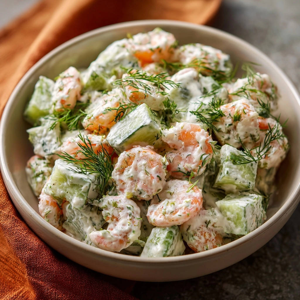 Frischer Garnelen-Gurken-Salat in einer Schüssel serviert, garniert mit frischem Dill, bereit zum Genießen.