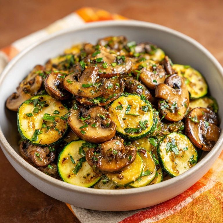 Gebratene Pilz-Zucchini-Pfanne von oben: Eine rustikale Schüssel voller gebratener Zucchini- und Pilzscheiben, garniert mit frischen Kräutern.