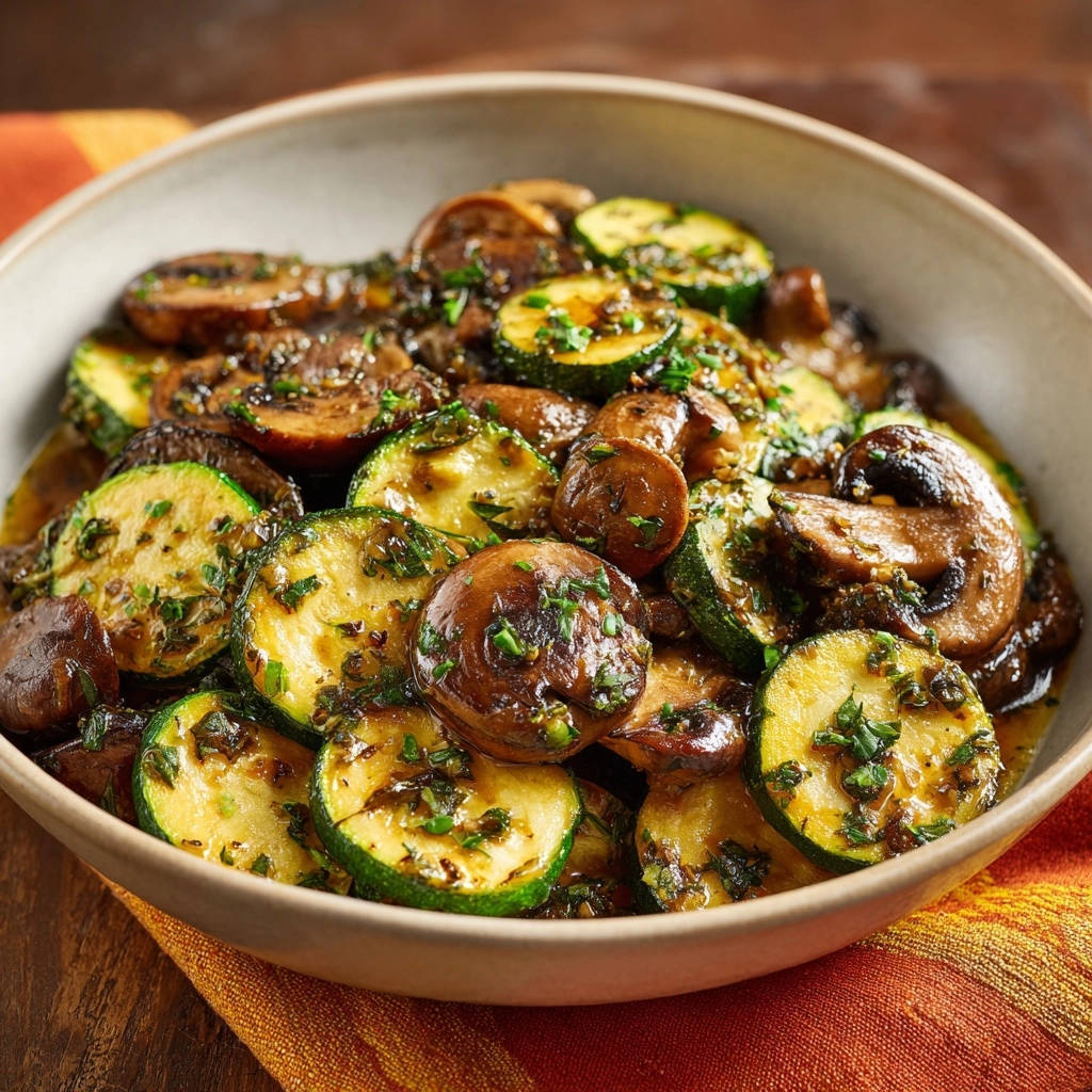 Gebratene Pilz Zucchini Pfanne Serviert Nahaufnahme 1 Gebratene Pilz-Zucchini-Pfanne in einer Schüssel serviert, mit einer Nahaufnahme der gebratenen Champignons und Zucchinischeiben, die mit Kräutern garniert sind.