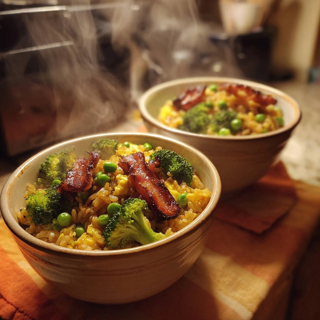 Gebratener Reis mit Brokkoli & knusprigem Bacon in einer Nahaufnahme, serviert in rustikalen Schalen mit dampfendem Aroma.