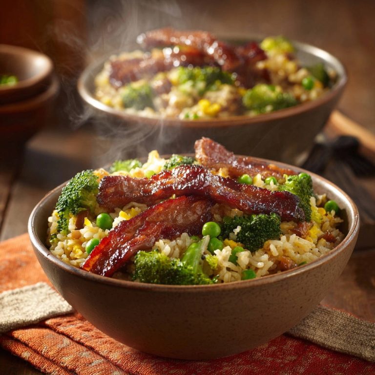 Gebratener Reis mit Brokkoli und knusprigem Bacon in einer Nahaufnahme, dampfend serviert mit frischem Gemüse und Bacon-Scheiben.