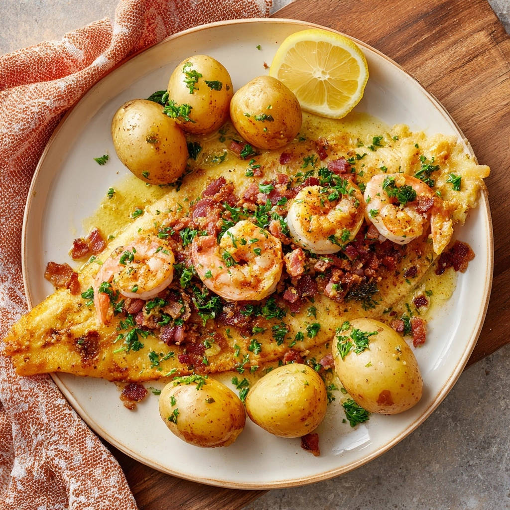 Gebratenes Schollenfilet mit Knusperspeck, Draufsicht: Ein Teller mit goldbraunem Fisch, Garnelen, Speck und Kartoffeln, garniert mit frischer Petersilie.