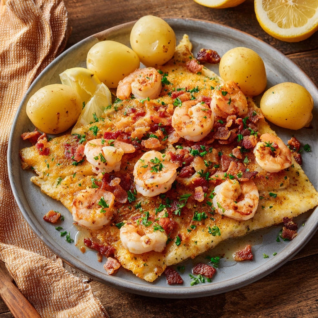 Gebratenes Schollenfilet Mit Knusperspeck Und Garnelen Drauf 1 Gebratenes Schollenfilet mit Knusperspeck und Garnelen, serviert auf einem Teller, mit Garnelen, Speck und Kartoffeln von oben gesehen.