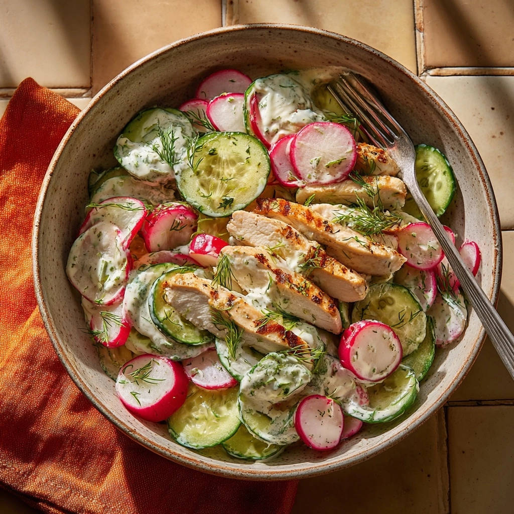 Gegrillter Hähnchen-Gurken-Radieschen-Salat in einer Schüssel, von oben betrachtet, serviert mit frischem Dill und einem cremigen Dressing.