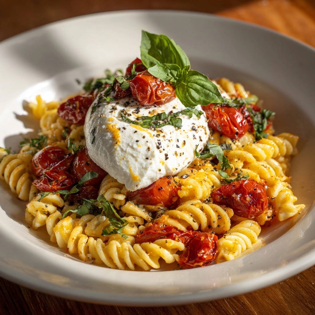 Geroestete Tomaten Burrata Pasta Serviert 1 Geroestete Tomaten-Burrata-Pasta, serviert in einer cremigen Schüssel mit frischem Basilikum und gerösteten Tomaten.