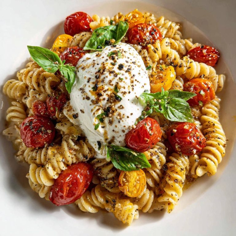 Geröstete Tomaten-Burrata-Pasta in Nahaufnahme von oben: Cremige Pasta mit saftigen Tomaten und cremigem Burrata, garniert mit frischem Basilikum.