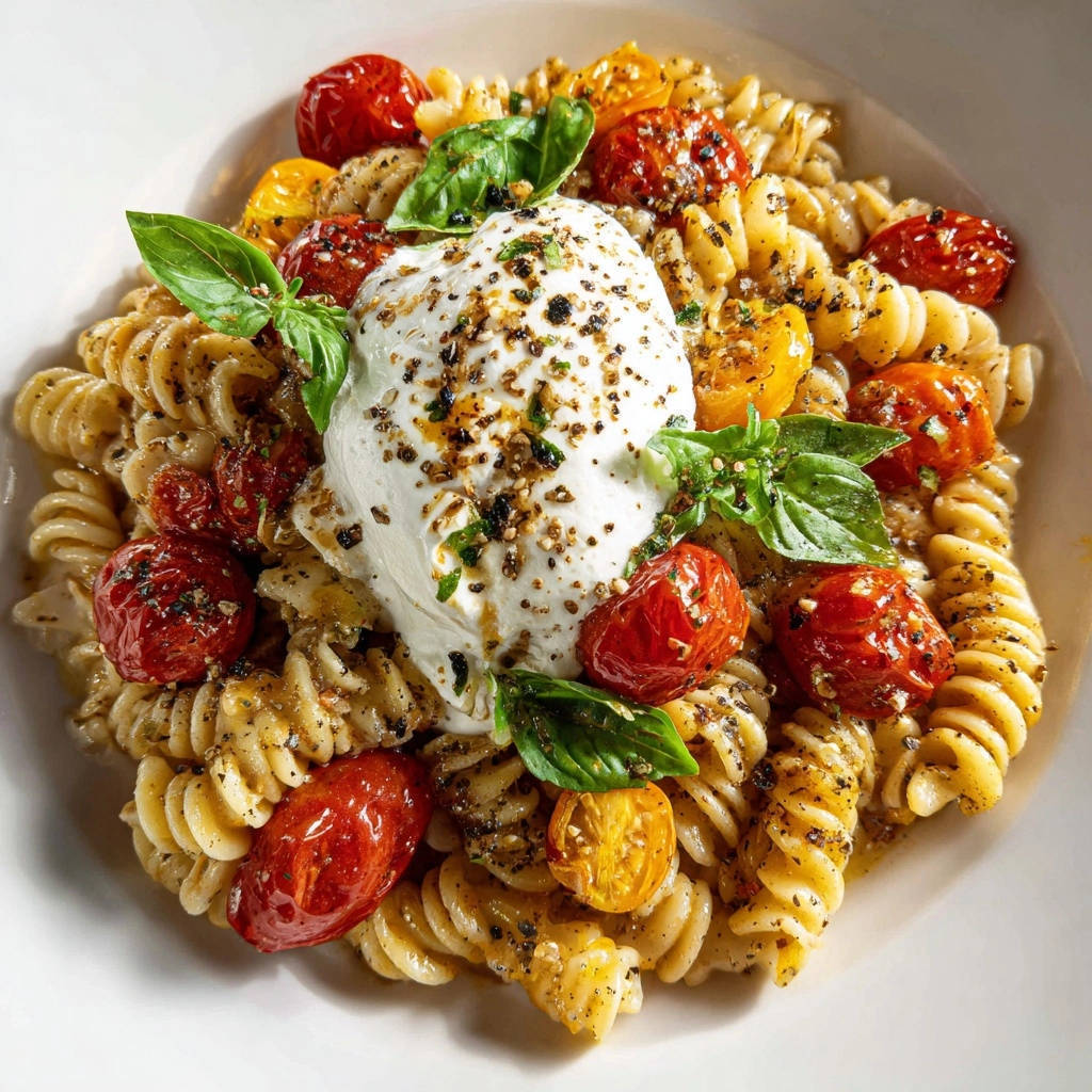 Geröstete Tomaten-Burrata-Pasta in Nahaufnahme von oben: Cremige Pasta mit saftigen Tomaten und cremigem Burrata, garniert mit frischem Basilikum.