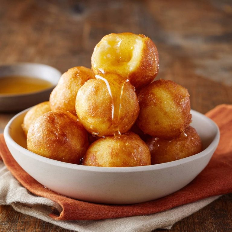 Goldene Honigbällchen mit fließendem Honig, serviert in einer Schüssel auf einem rustikalen Holztisch. Die fluffigen Bällchen sind außen goldbraun.