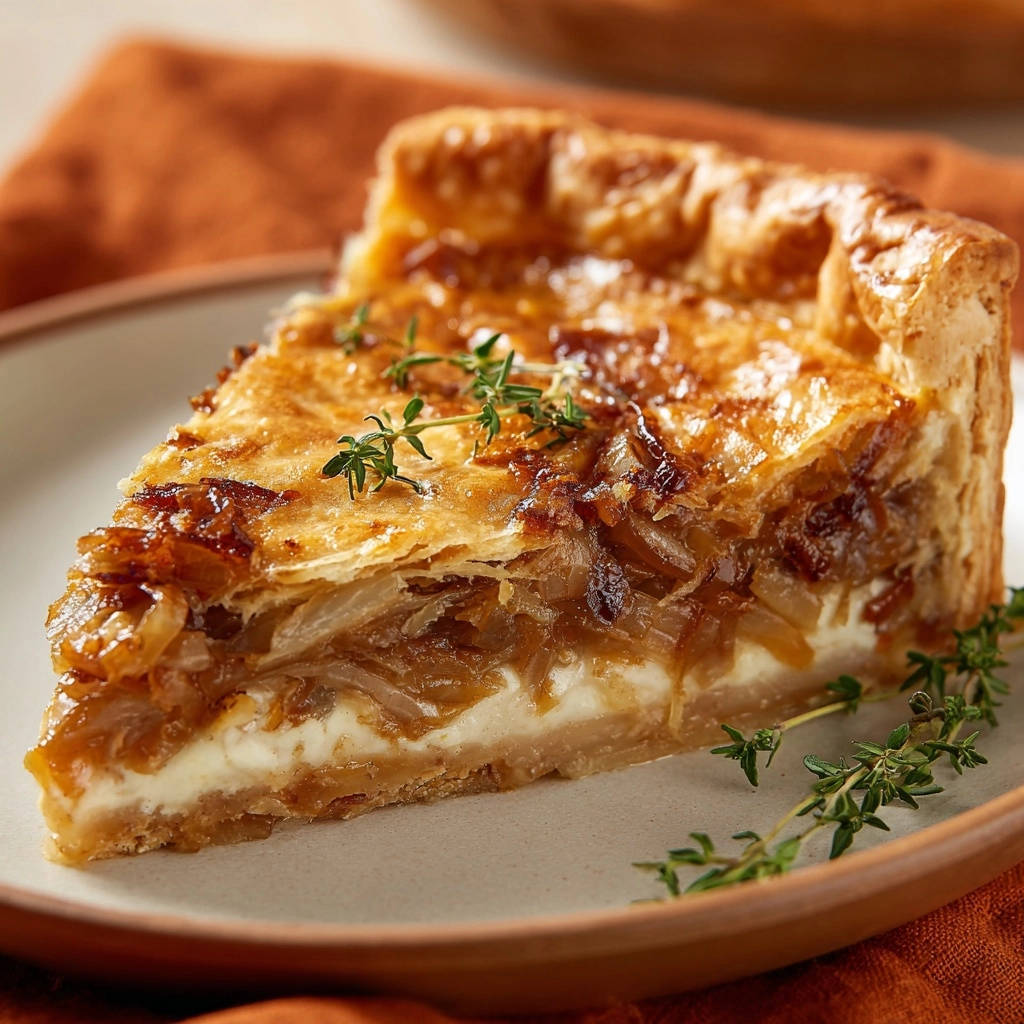Goldene Zwiebel-Käse-Tarte: Ein köstlicher Querschnitt zeigt die geschichteten Zutaten und den knusprigen Boden dieser herzhaften Tarte.