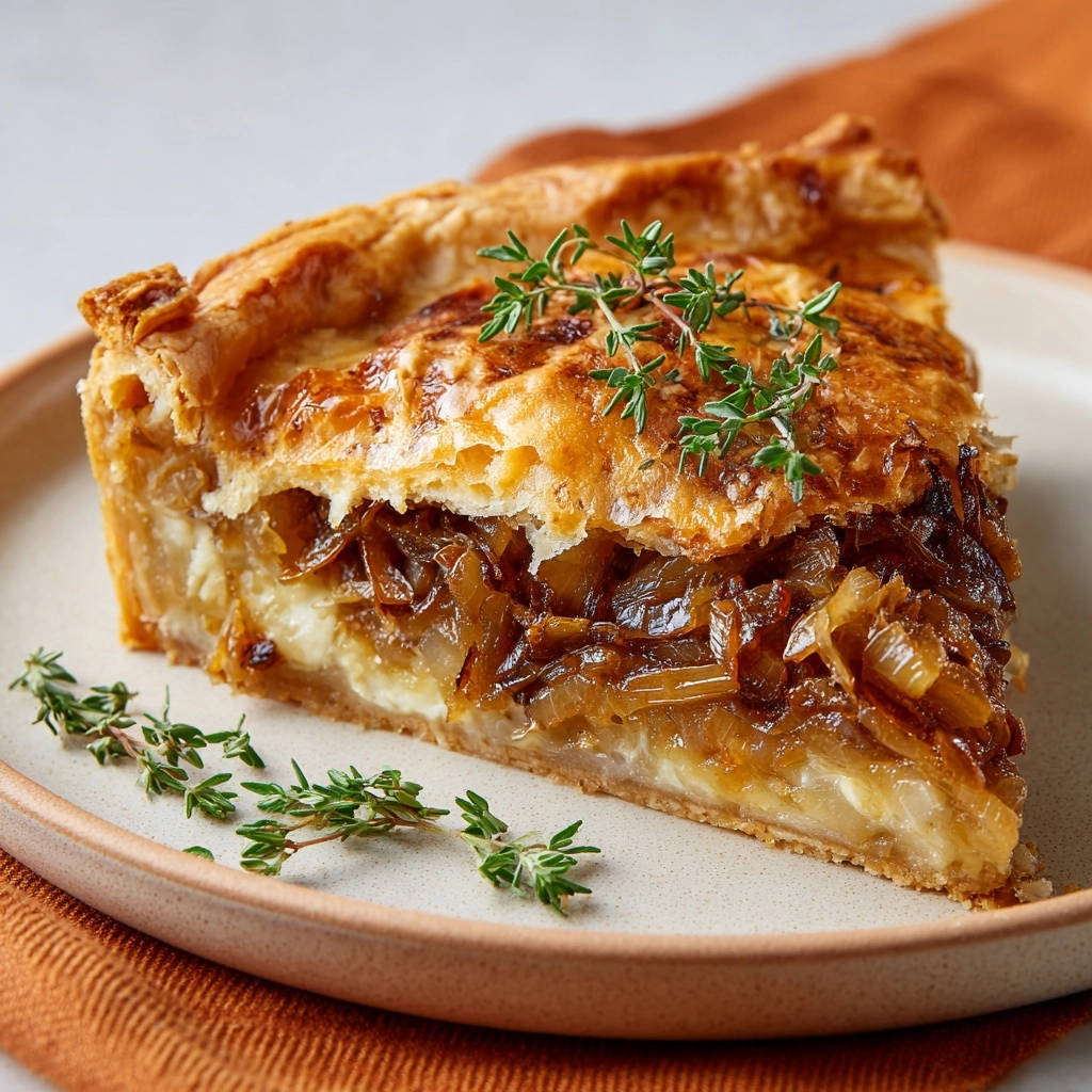 Goldene Zwiebel-Käse-Tarte zeigt einen köstlichen Querschnitt mit karamellisierten Zwiebeln, cremigen Käse und knusprigem Boden, garniert mit Thymian.
