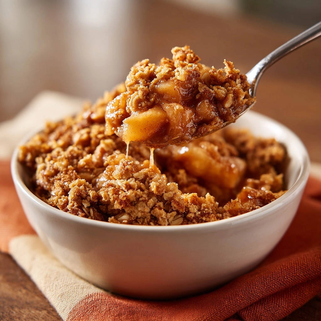 Goldener Apfel Crumble Mit Eis Lffel Nahaufnahme 1 Goldener Apfel-Crumble mit Vanilleeis in Nahaufnahme, wobei ein Löffel die köstliche Füllung und den knusprigen Streusel zeigt.