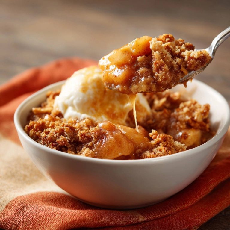 Goldener Apfel-Crumble mit Vanilleeis, serviert in einer Schüssel, mit einem Löffel, der eine Nahaufnahme der knusprigen Kruste zeigt.