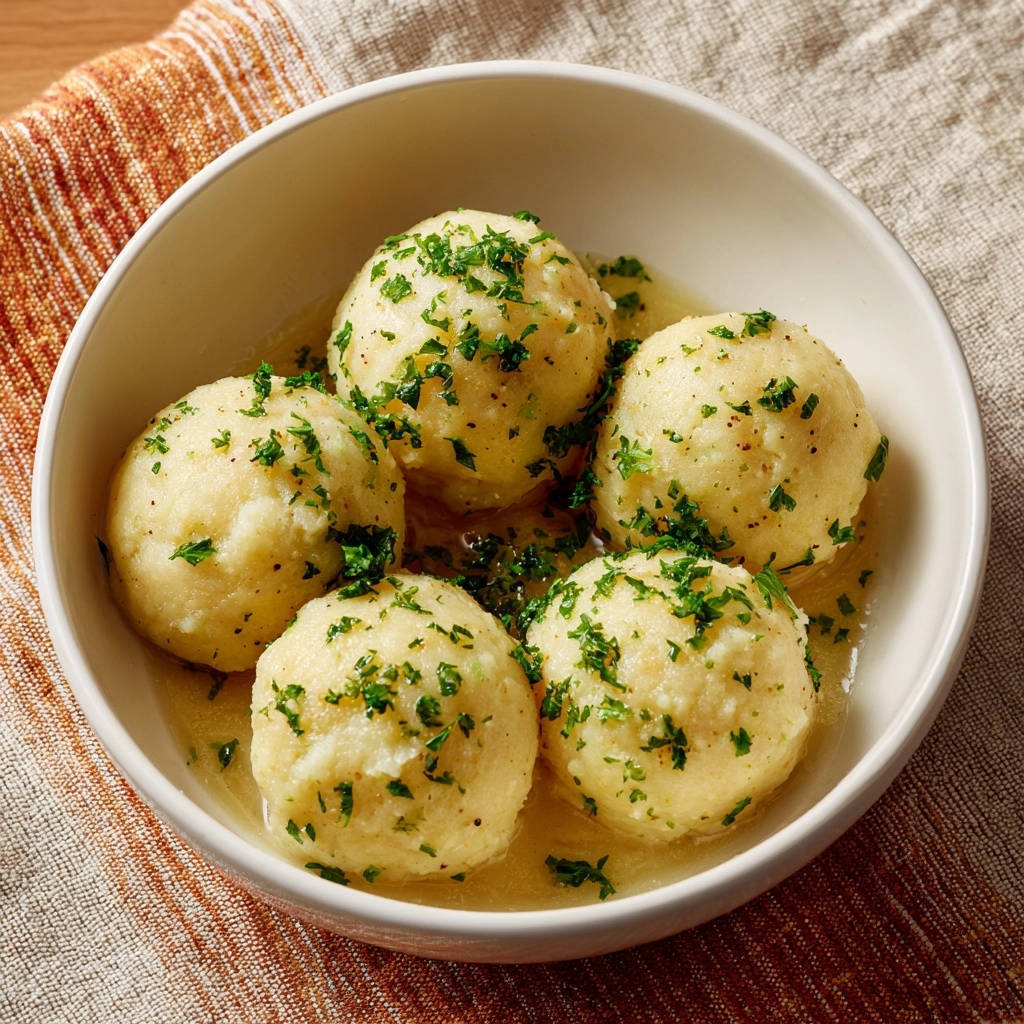 Grießknödel mit Butter und Parmesan in einer Schale serviert, mit frischer Petersilie garniert und von oben betrachtet.
