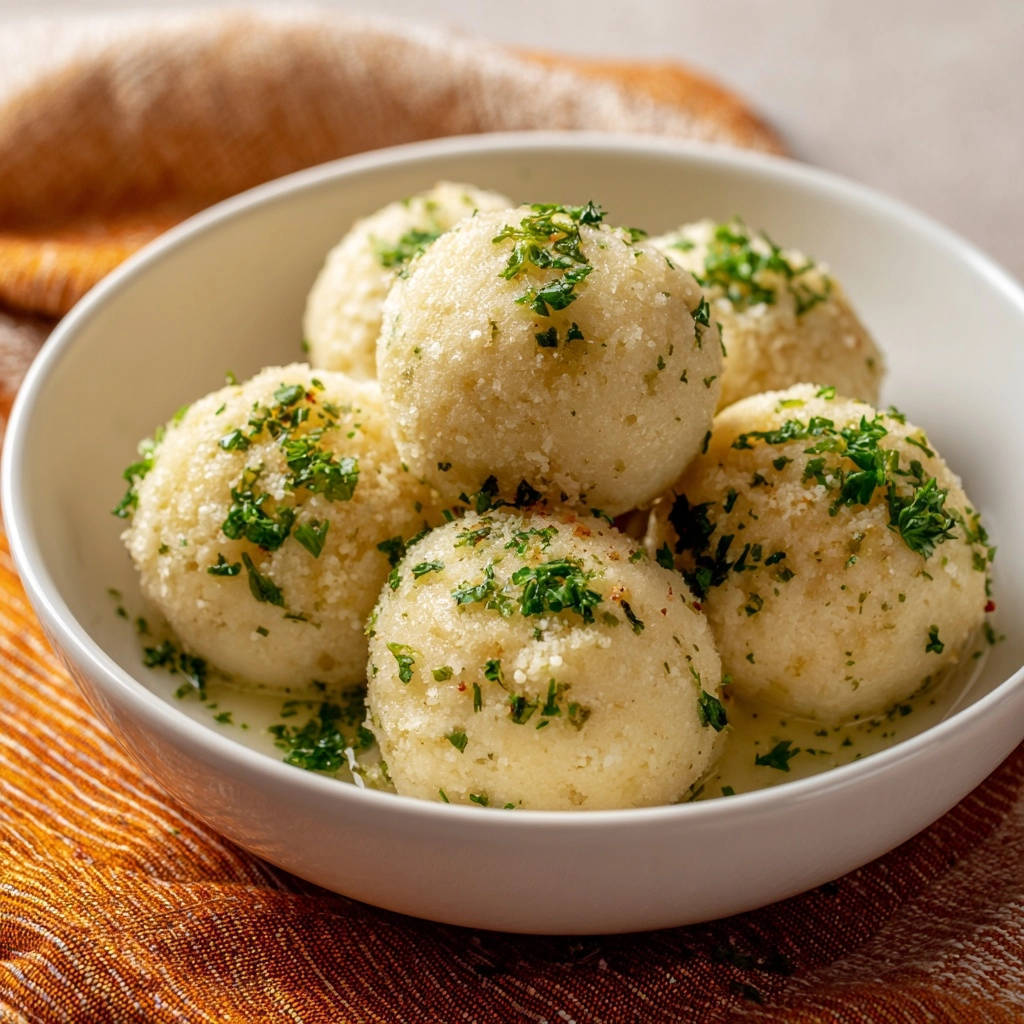Grießknödel mit Butter und Parmesan in einer weißen Schüssel von oben gesehen, garniert mit frischer Petersilie und Parmesan.