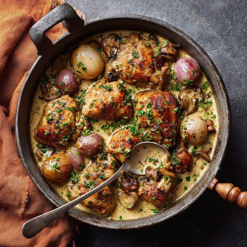 Haehnchen In Cremiger Champignon Sosze Draufsicht 1 Hähnchen in cremiger Champignon-Soße, serviert in einer Pfanne, mit saftigem Fleisch und goldbrauner Haut, von oben fotografiert.