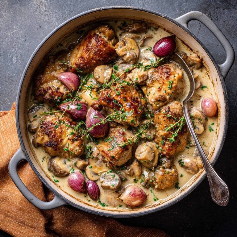 Hähnchen in cremiger Champignon-Soße, serviert in einer gusseisernen Pfanne, mit frischen Kräutern und roten Zwiebeln draufsicht.