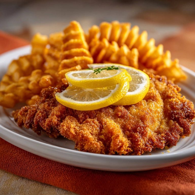Hähnchen-Schnitzel mit Waffelpommes serviert auf einem weißen Teller, garniert mit Zitronenscheiben und frischen Kräutern.