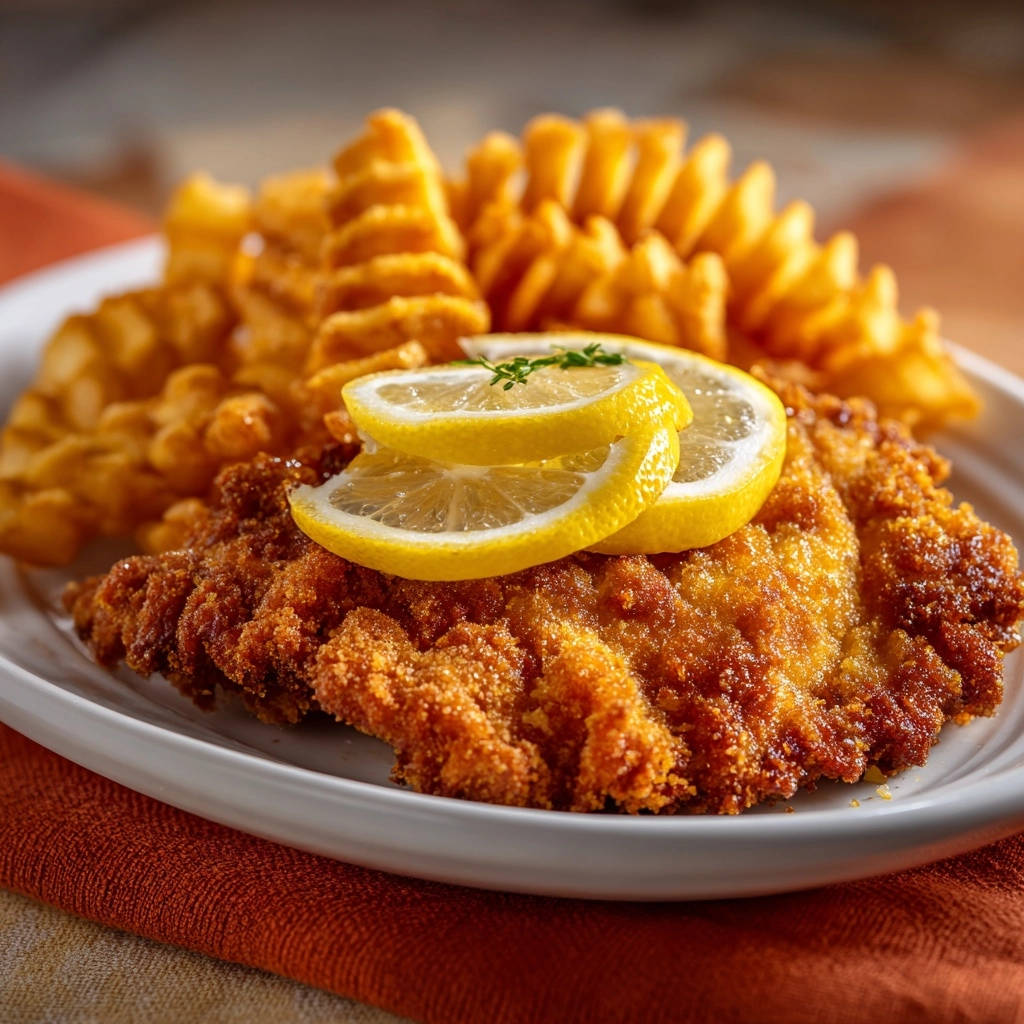 Hähnchen-Schnitzel mit Waffelpommes serviert auf einem weißen Teller, garniert mit Zitronenscheiben und frischen Kräutern.
