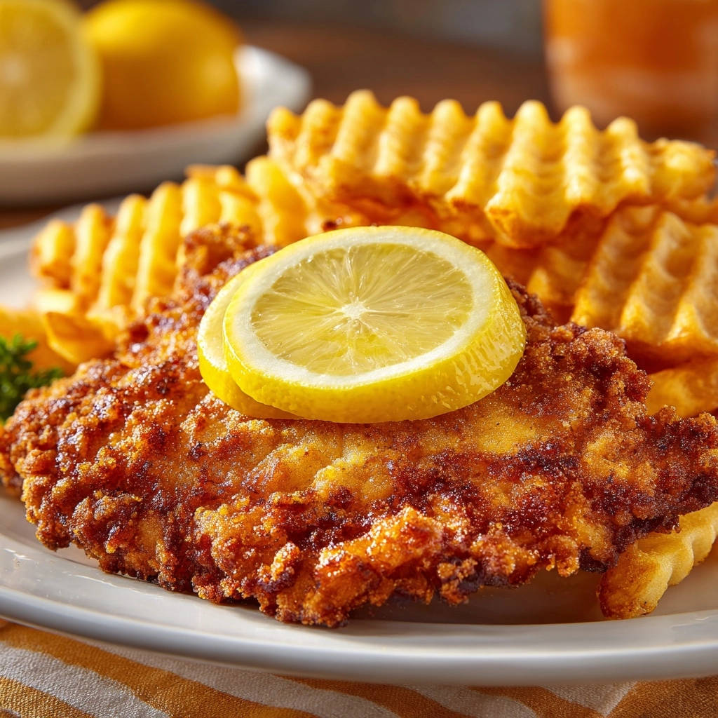 Hahnchen Schnitzel Mit Waffelpommes Serviert 1 Hähnchen-Schnitzel mit Waffelpommes serviert auf einem weißen Teller, garniert mit frischen Zitronenscheiben und knusprigen Pommes.