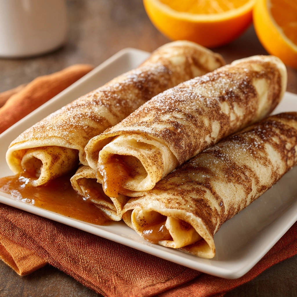 Hauchdünne Zimt-Zucker-Crêpes, serviert auf einem weißen Teller, sind mit Zimt und Puderzucker bestäubt. Die Crêpes sind mit einer süßen Füllung gefüllt.