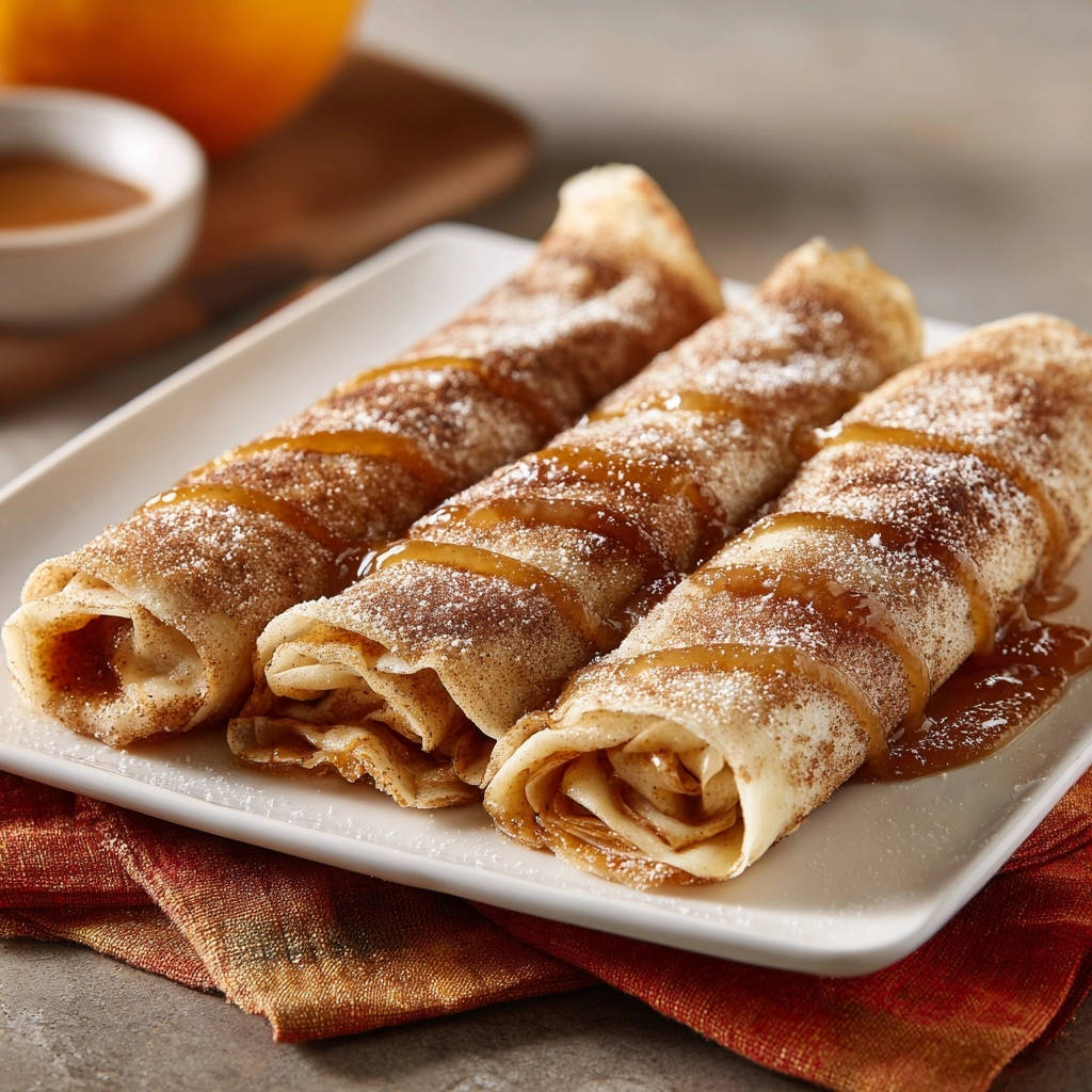 Hauchdünne Zimt-Zucker-Crêpes, serviert auf einem weißen Teller, sind mit Puderzucker bestäubt und mit Karamell beträufelt.