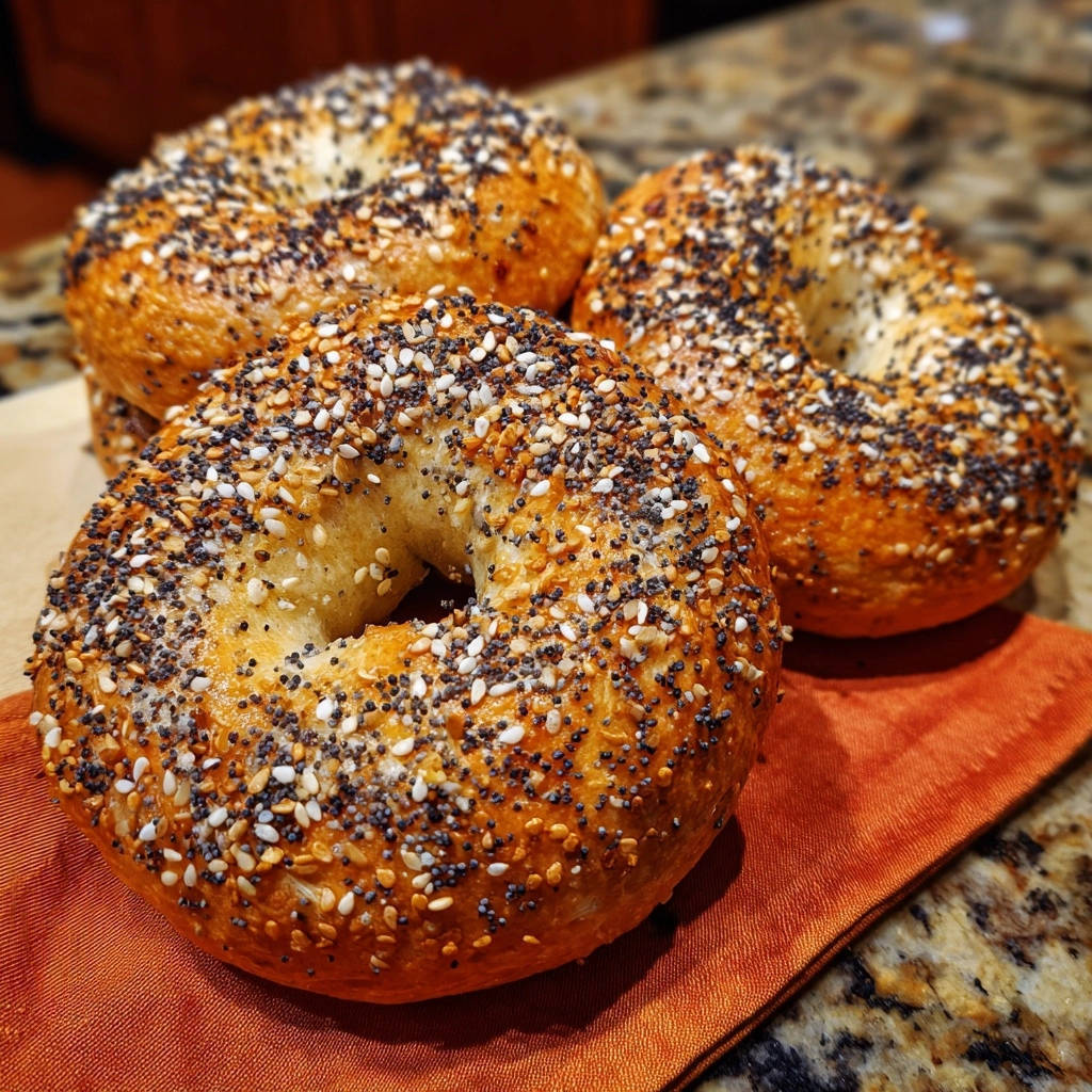 Hausgemachte Alles-Bagels liegen in Nahaufnahme auf einem orangefarbenen Stoff, wobei die knusprige Oberfläche und die Topping-Mischung deutlich zu sehen sind.