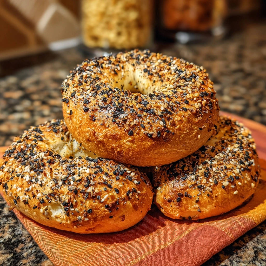 Hausgemachte Alles-Bagels, die in einer Nahaufnahme auf einem orangefarbenen Küchentuch gestapelt sind. Die goldbraune Kruste ist mit einer Mischung aus Samen bedeckt.